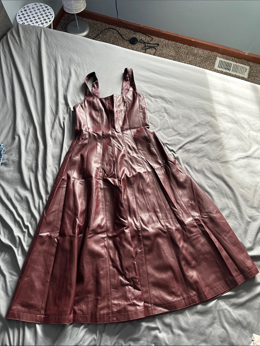 7 For All Mankind Faux Leather Midi Dress in Burgundy